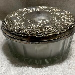 Vintage Glass & Silver Plate Vanity Powder Jar w/Mirror Lid
